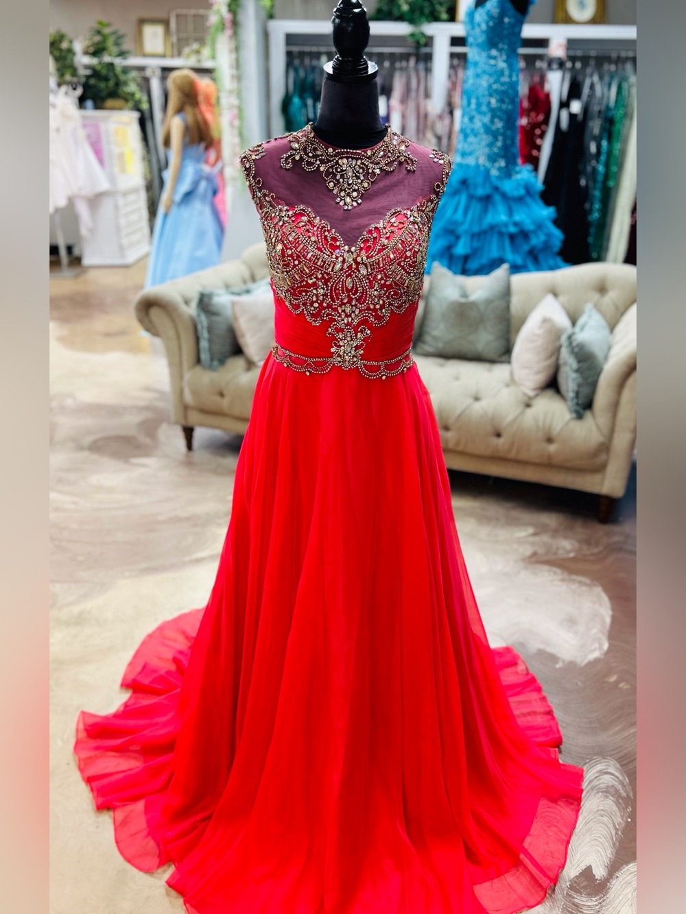 Red Beaded Illusion Neck Prom Dress